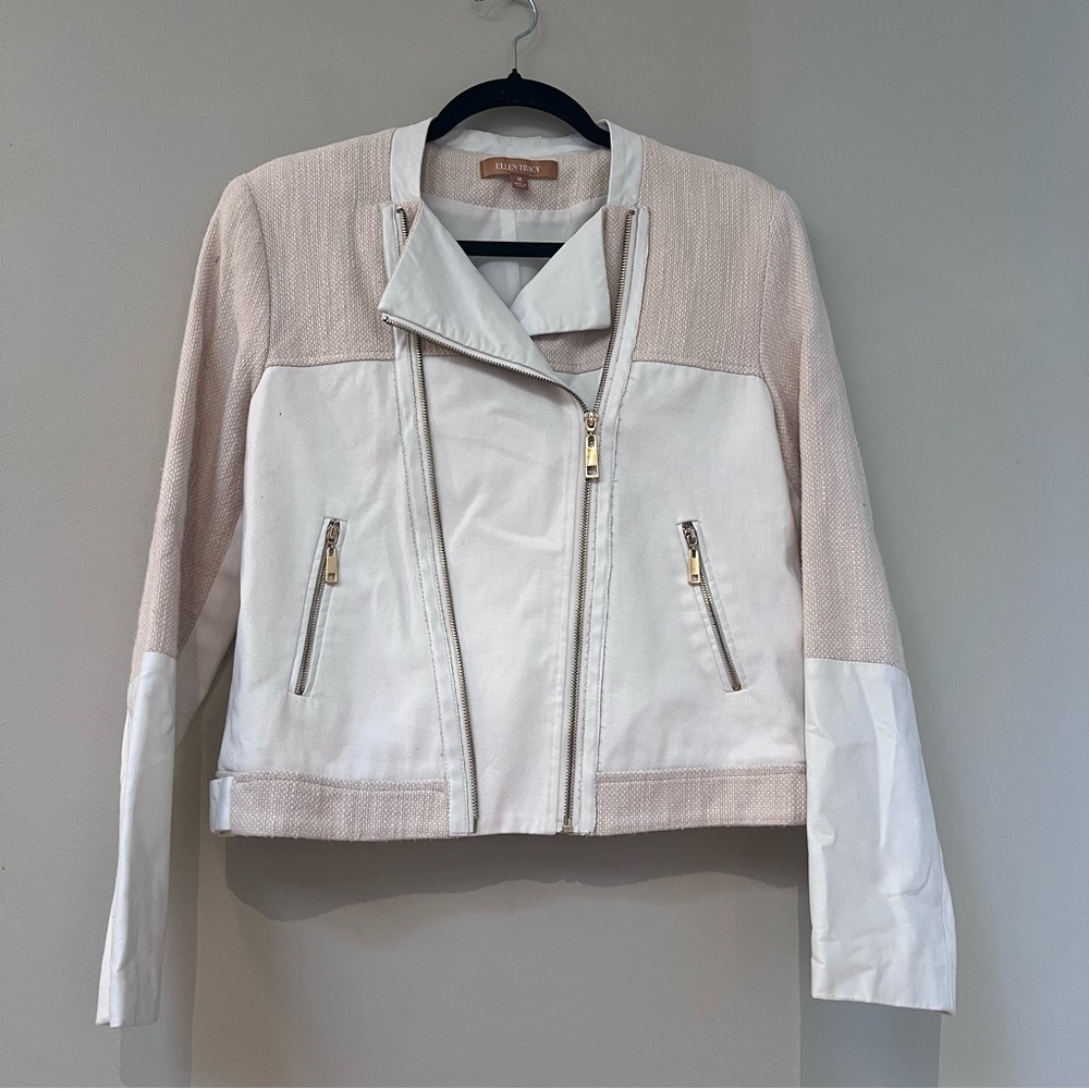 Ellen Tracy Off White Asymmetrical Zip Faux Leather Tweed Crop Jacket